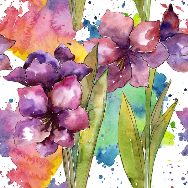 Flor amarilis púrpura. Juego de ilustración en acuarela. Patrón de fondo sin costuras. Textura de impresión de papel pintado de tela . — Foto de Stock