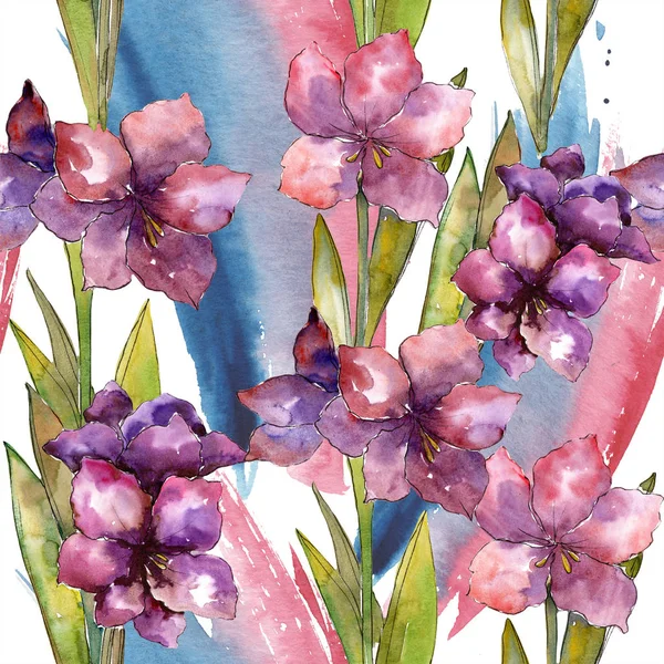 Květ fialový amaryllis. Sada akvarel ilustrace. Vzor bezešvé pozadí. Fabric tapety tisku textura. — Stock fotografie