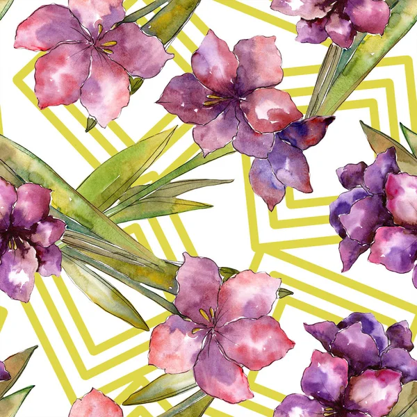 Květ fialový amaryllis. Sada akvarel ilustrace. Vzor bezešvé pozadí. Fabric tapety tisku textura. — Stock fotografie