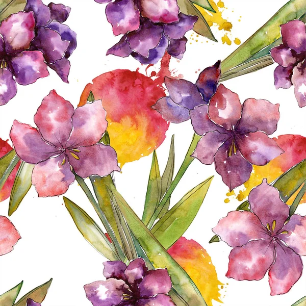 Flor amarilis púrpura. Juego de ilustración en acuarela. Patrón de fondo sin costuras. Textura de impresión de papel pintado de tela . — Foto de Stock