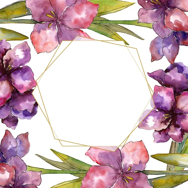 Flor amarilis púrpura. Juego de ilustración en acuarela. Dibujo acuarela marco o borde. Forma geométrica de mosaico de cristal . — Foto de Stock