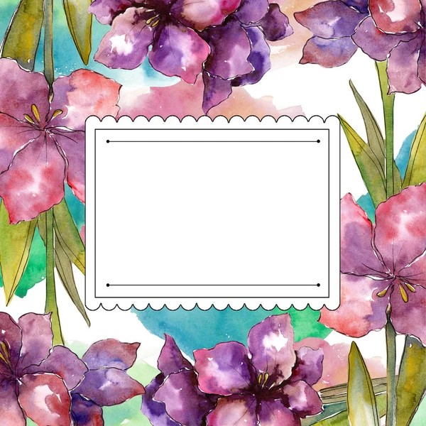 Purple amaryllis flower. Watercolor illustration set. Drawing aquarelle frame or border ornament square. — Stock Photo, Image