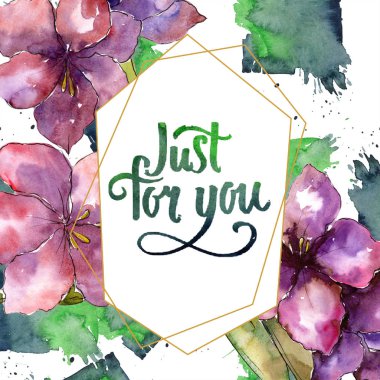 Mor amaryllis çiçek. Sadece senin el yazısı monogram hat için. Suluboya çerçeve geometrik kristal şekli.