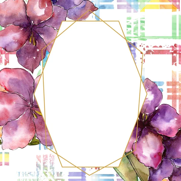 Purple amaryllis flower. Watercolor illustration set. Drawing aquarelle frame or border. Geometric crystal mosaic shape. — Stock Photo, Image