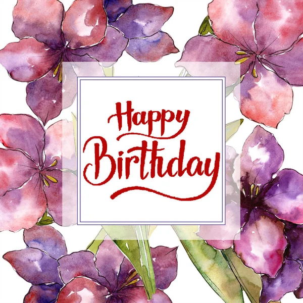 Lila Amarillisz virág. Boldog születésnapot kézírás monogram kalligráfia. Akvarell keret vagy határ Dísz tér. — Stock Fotó
