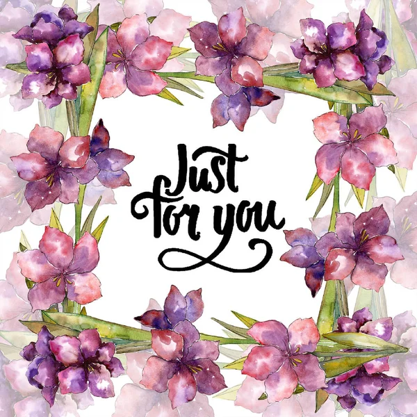 Paarse amaryllis flower. Alleen voor u handschrift monogram kalligrafie. Aquarel frame of grens ornament vierkant. — Stockfoto
