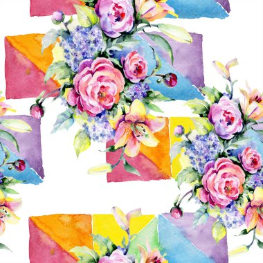 Peonies ve zambak buketi. Sulu boya Dikişsiz resimde arka plan, doku, desen, çerçeve veya kenarlık için ayarla.