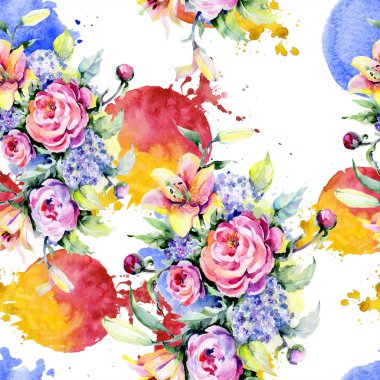 Peonies ve zambak buketi. Sulu boya Dikişsiz resimde arka plan, doku, desen, çerçeve veya kenarlık için ayarla.