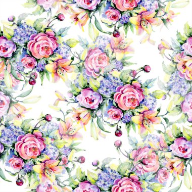 Peonies ve zambak buketi. Sulu boya Dikişsiz resimde arka plan, doku, desen, çerçeve veya kenarlık için ayarla.