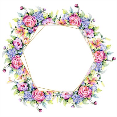 Peonies ve zambak buketi. Geometrik çokgen kristal taş mozaik şekli. Suluboya arka plan, çerçeve veya kenarlık süsleme.