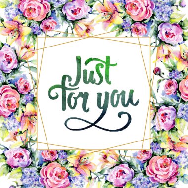 Peonies ve zambak buketi. Sadece senin el yazısı monogram hat için. Sulu Boya geometrik kristal şekli çerçevesinde.