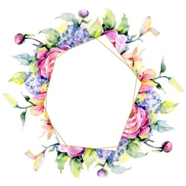 Peonies ve zambak buketi. Geometrik çokgen kristal taş mozaik şekli. Suluboya arka plan, çerçeve veya kenarlık süsleme.