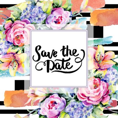 Peonies ve zambak buketi. Tarihi el yazısı monogram hat kaydedin. Suluboya çerçeve kenarlığı süsleme Meydanı.