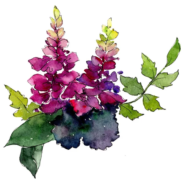 緑の葉と紫色の花。孤立した花束の図要素。水彩画背景イラスト セット. — ストック写真