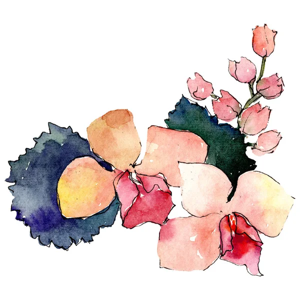 緑の葉とオレンジ色の蘭の花。孤立した花束の図要素。水彩画背景イラスト セット. — ストック写真