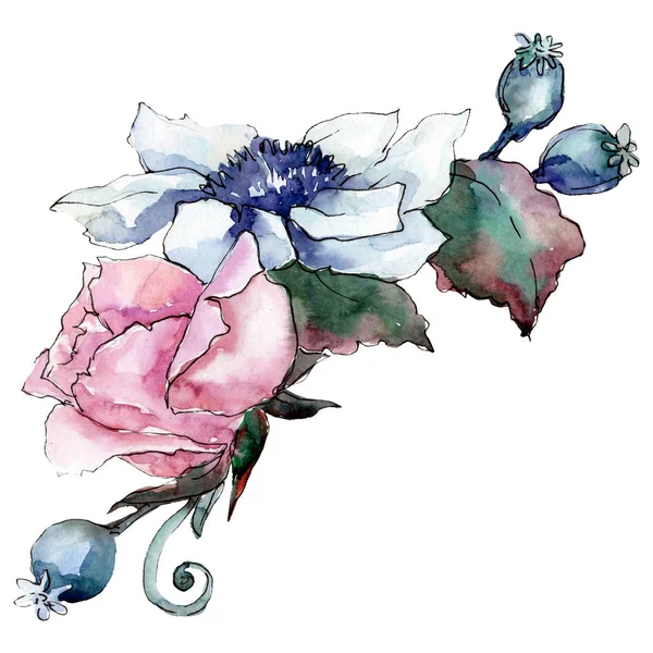 Buquê de flores rosa e azul com folhas verdes. Isolado bouquet ilustração. Conjunto de ilustração de fundo aquarela . — Fotografia de Stock