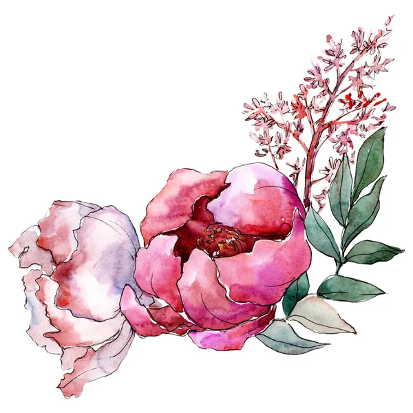 Ροζ λουλούδια peony με πράσινα φύλλα. Απομονωμένη μπουκέτο εικονογράφηση στοιχείο. Ακουαρέλα φόντο εικόνα σετ. — Φωτογραφία Αρχείου