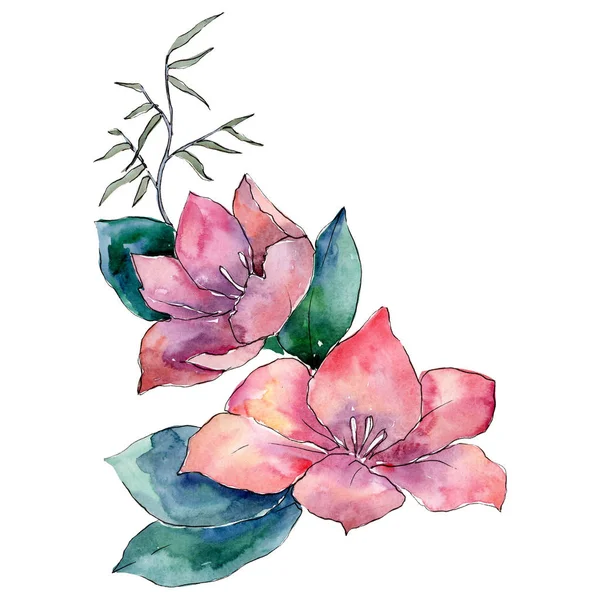 Roze bloemen boeket met groene bladeren. Geïsoleerde boeket illustratie element. Aquarel achtergrond afbeelding instellen. — Stockfoto