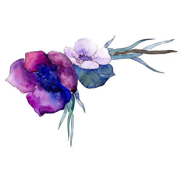 Buquê de flores roxas com folhas verdes. Isolado buquê elemento ilustração. Conjunto de ilustração de fundo aquarela . — Fotografia de Stock