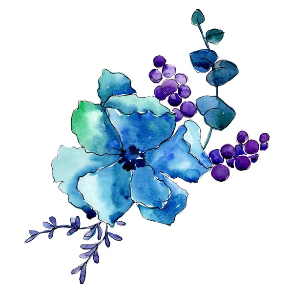 Fiore azzurro. Bouquet con foglie verdi. Elemento di illustrazione del bouquet isolato. Acquerello sfondo illustrazione set . — Foto Stock