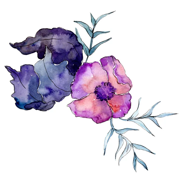 Μοβ λουλούδι μπουκέτο με πράσινα φύλλα. Απομονωμένη μπουκέτο εικονογράφηση στοιχείο. Ακουαρέλα φόντο εικόνα σετ. — Φωτογραφία Αρχείου