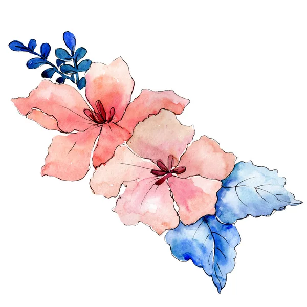 Różowe kwiaty z niebieskimi liśćmi. Element ilustracja na białym tle bukiet. Zestaw ilustracji tle akwarela. — Zdjęcie stockowe