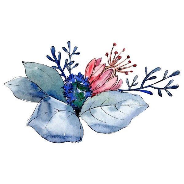 Red and blue flowers with blue leaves. Isolated bouquet illustration element. Watercolor background illustration set.