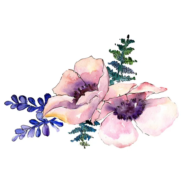 Bellissimi fiori con foglie verdi. Elemento di illustrazione del bouquet isolato. Acquerello sfondo illustrazione set . — Foto Stock