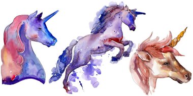 Şirin tek boynuzlu at. İzole aquarelle vahşi hayvan arka plan, doku, sarıcı desen.
