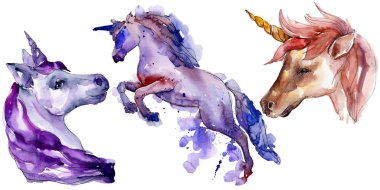 Şirin tek boynuzlu at. İzole aquarelle vahşi hayvan arka plan, doku, sarıcı desen.