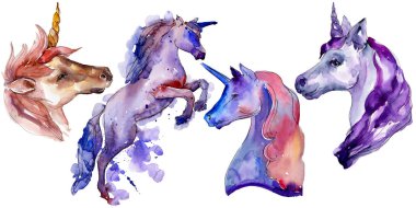 Şirin tek boynuzlu at. İzole aquarelle vahşi hayvan arka plan, doku, sarıcı desen.