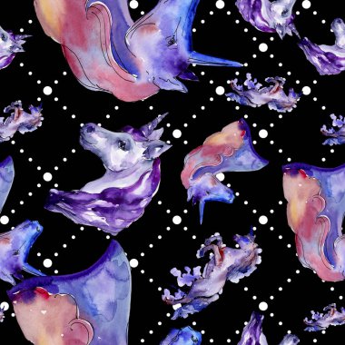 Şirin tek boynuzlu at izole bir suluboya tarzında. Sorunsuz arka plan deseni. Kumaş duvar kağıdı yazdırma doku.