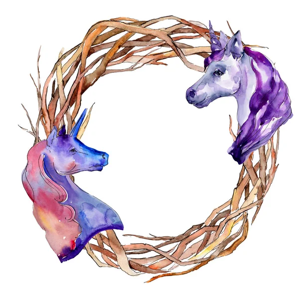 Cute unicorn horse. Fairytale children sweet dream. Watercolor background illustration set. Wreath frame border. — Stock Photo, Image