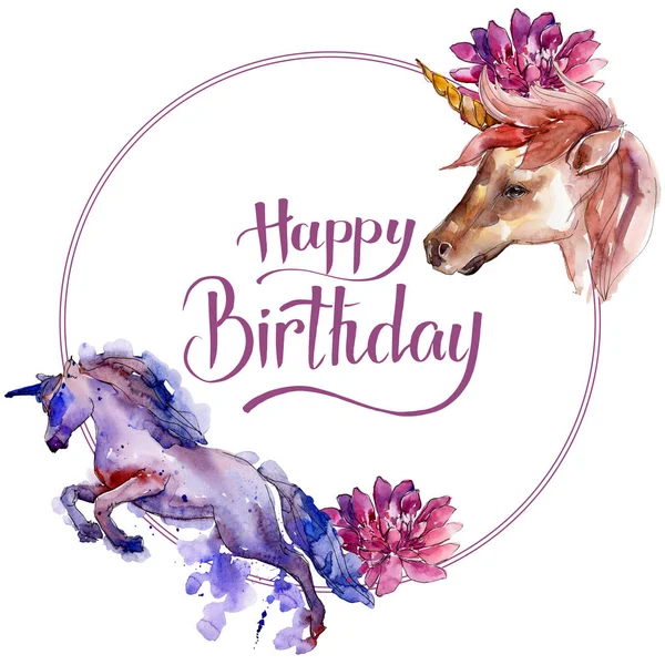 Cute unicorn horse. Happy Birthday handwriting monogram calligraphy. Watercolor background. Round frame border.