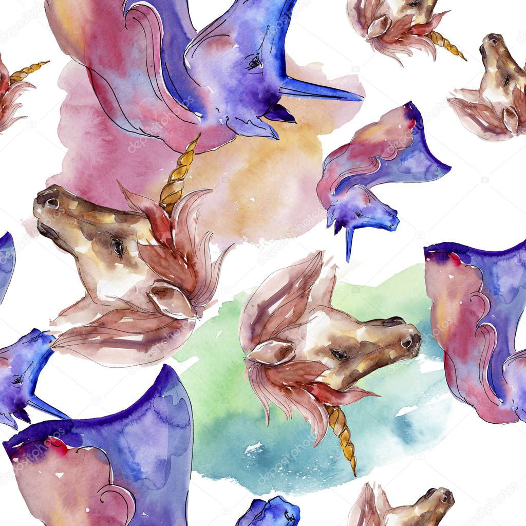 Cute unicorn horse in a watercolor style isolated. Seamless background pattern. Fabric wallpaper print texture.