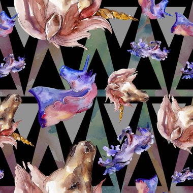 Şirin tek boynuzlu at izole bir suluboya tarzında. Sorunsuz arka plan deseni. Kumaş duvar kağıdı yazdırma doku.