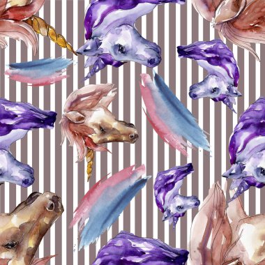 Şirin tek boynuzlu at izole bir suluboya tarzında. Sorunsuz arka plan deseni. Kumaş duvar kağıdı yazdırma doku.