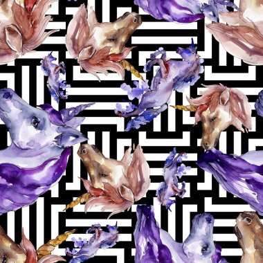 Şirin tek boynuzlu at izole bir suluboya tarzında. Sorunsuz arka plan deseni. Kumaş duvar kağıdı yazdırma doku.