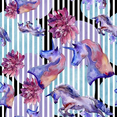 Şirin tek boynuzlu at izole bir suluboya tarzında. Sorunsuz arka plan deseni. Kumaş duvar kağıdı yazdırma doku.
