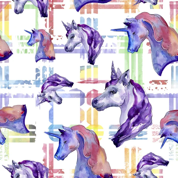 Cute unicorn horse in a watercolor style isolated. Seamless background pattern. Fabric wallpaper print texture.