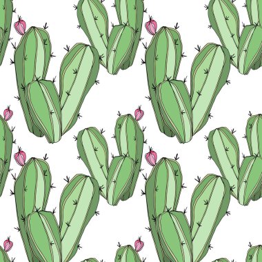 Vektör kaktüs. Yeşil mürekkep sanat kazınmış. Sorunsuz arka plan deseni. Kumaş duvar kağıdı yazdırma doku.