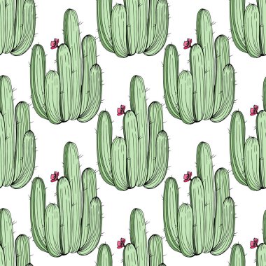 Vektör kaktüs. Yeşil mürekkep sanat kazınmış. Sorunsuz arka plan deseni. Kumaş duvar kağıdı yazdırma doku.