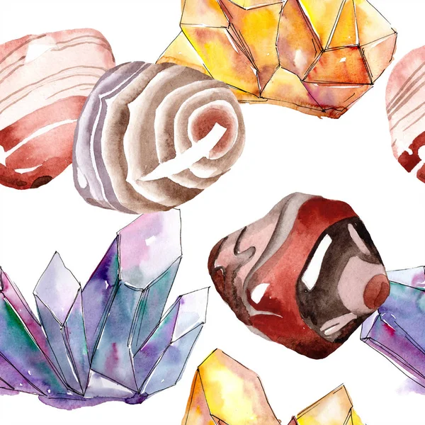 Piedras semipreciosas y cristales. Juego de ilustración en acuarela. Patrón de fondo sin costuras. Tela papel pintado impresión . —  Fotos de Stock