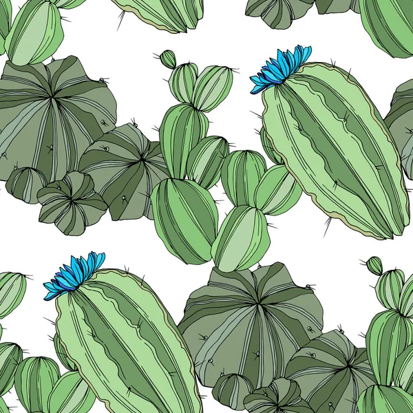 Vector Cactus. Verde grabado tinta art.Seamless patrón de fondo. Textura de impresión de papel pintado de tela . — Vector de stock