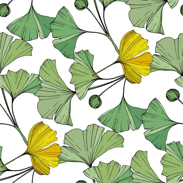 Vector. Hoja de ginkgo verde y amarillo. Patrón de fondo sin costuras. Textura de impresión de fondo de pantalla de tela sobre fondo blanco . — Vector de stock