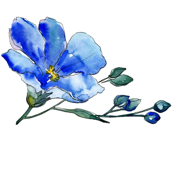Fiore di lino blu con foglie verdi e boccioli. Elemento isolante di illustrazione del lino. Set sfondo acquerello . — Foto Stock