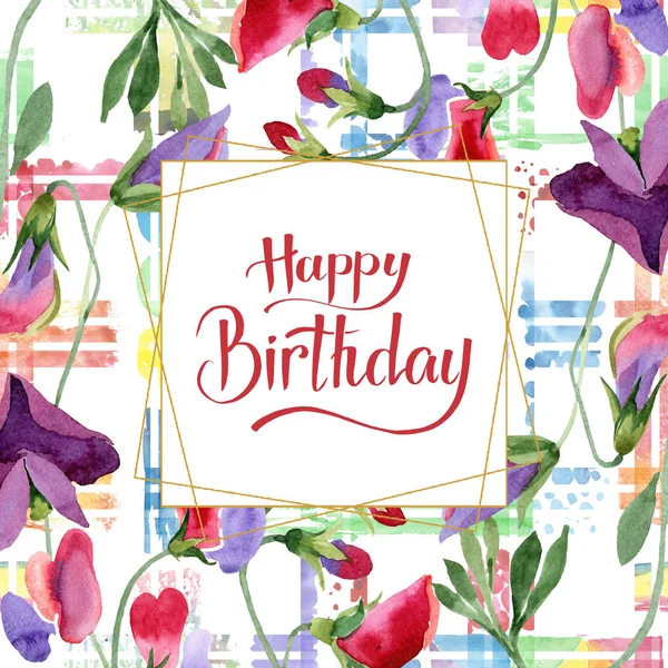 Red sweet pea flowers. Happy Birthday handwriting monogram calligraphy. Watercolor background. Frame golden crystal.