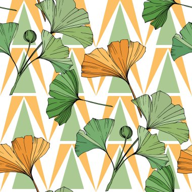 Vektör. Yeşil ve turuncu ginkgo yaprağı. Sorunsuz arka plan deseni. Kumaş duvar kağıdı yazdırma doku beyaz arka plan üzerinde.