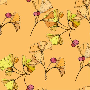 Vektör. Turuncu ve sarı ginkgo yaprağı. Sorunsuz arka plan deseni. Kumaş duvar kağıdı yazdırma doku beyaz arka plan üzerinde.