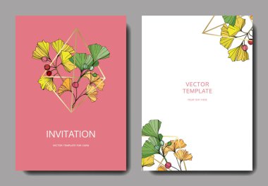 Vektör. Ginkgo yaprağı. Düğün pembe arka plan kartı. Teşekkür ederim, rsvp, davet zarif kartınız illüstrasyon grafik.